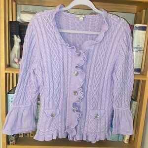 J. Jill 100% cotton Lilac 3/4 Sleeve Cable Knit Ruffle Cardigan L
